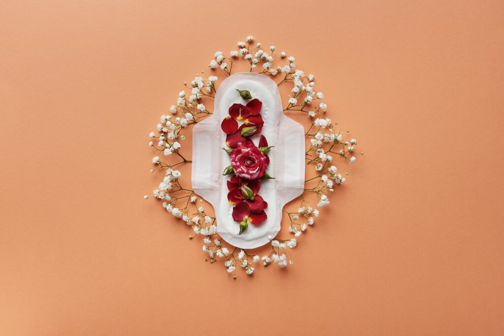 Alt text: A decorative arrangement featuring a sanitary pad surrounded by pink and red flower petals, with small white flowers framing the pad, set against an orange background. The design emphasizes themes of femininity and care, aligning with the concept of Friday Health.